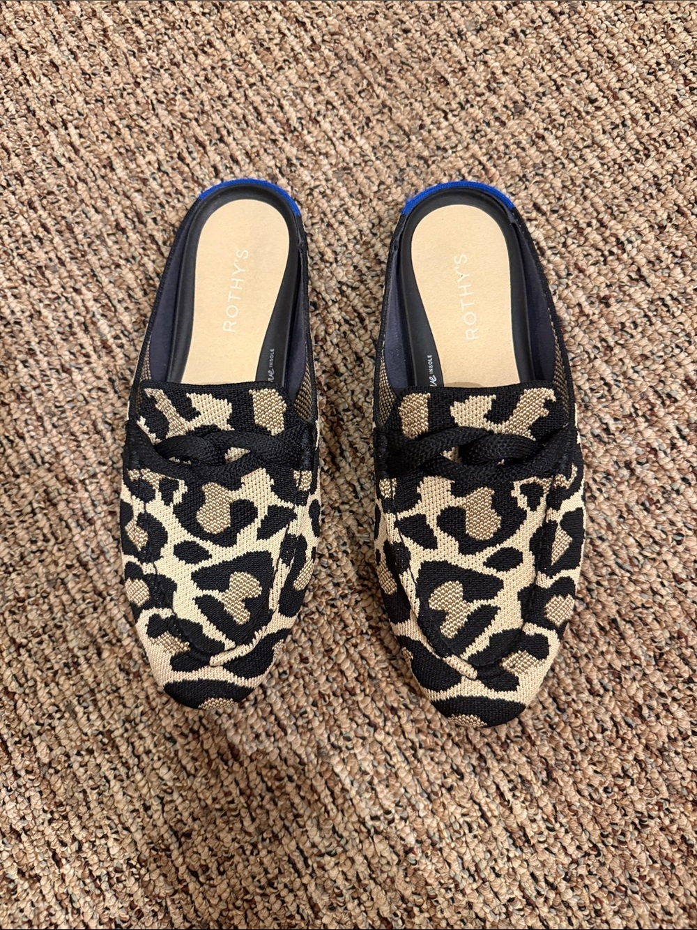 Rothy's Leopard Knit Slip-On Mule in Black & Tan